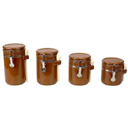 2 pieces Home Basics 4 Piece Ceramic Canisters with Easy Open Air-Tight Clamp Top Lid and Wooden Spoons, Brown - Storage & Organization