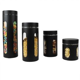 4 pieces Home Basics 4 Piece Stainless Steel Canisters With Multiple PeeK-Through Windows, Black - Storage & Organization