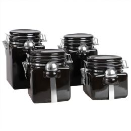 2 pieces Home Basics 4 Piece Square Ceramic Canisters with Metal Spoons, Black - Storage & Organization