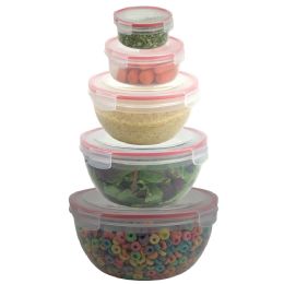 6 Wholesale Home Basics 10 Piece Locking Round Plastic Food Storage Containers with Snap-On Lids, Red