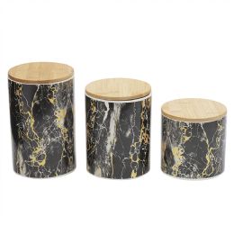 3 pieces Home Basics Faux Marble 3 Piece Ceramic Canister Set with Bamboo Top, Black - Storage & Organization