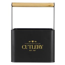 6 pieces Home Basics Bistro Sectioned Tin Holder with Bamboo Handle, Black - Storage & Organization