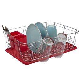 6 pieces Home Basics 3 Piece  Chrome Plated Steel And Plastic Dish Rack, Red - Dish Drying Racks