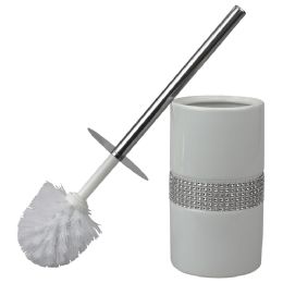 6 pieces Home Basics Sequin Accented Ceramic Luxury Hideaway Toilet Brush Holder with Steel Handle, White - Toilet Brush