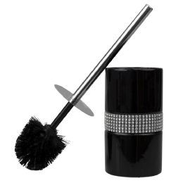 6 pieces Home Basics Sequin Accented Ceramic Luxury Hideaway Toilet Brush Holder with Steel Handle, Black - Toilet Brush