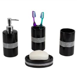 12 pieces Home Basics 4 Piece Luxury Bath Accessory Set With Stunning Sequin Accents, Black - Shower Accessories