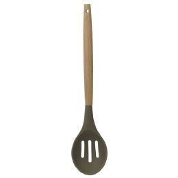 24 Wholesale Home Basics Karina High-Heat Resistance Non-Stick Safe Silicone Slotted Spoon with Easy Grip Beech Wood Handle, Grey