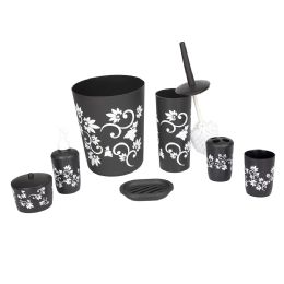 6 pieces Home Basics Floral Printed 7 Piece Plastic Bath Accessory Set, Black - Shower Accessories