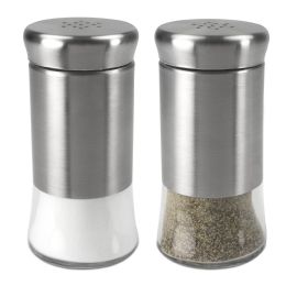 6 Wholesale Michael Graves Design Essence 2 Piece 2.5 Ounce Stainless Steel Salt and Pepper Set with Clear Glass Bottoms, Silver