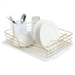 6 pieces Michael Graves Design Deluxe Dish Rack With Gold Finish Wire And Removable Dual Compartment Utensil Holder, White/gold - Dish Drying Racks