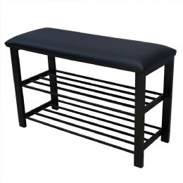 Home Basics Cushioned Storage Bench with 2 Tier Steel Shoe Rack, Black - Storage & Organization