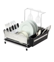 4 pieces Michael Graves Design Deluxe Extra Large Capacity Stainless Steel Dish Rack With Wine Glass Holder, Black - Dish Drying Racks