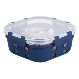 12 Wholesale Michael Graves Design Square 27 Ounce High Borosilicate Glass Food Storage Container With Plastic Lid, Indigo