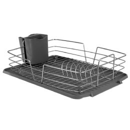 6 Wholesale Michael Graves Design Deluxe Dish Rack with Satin Nickel Finish Wire and Removable Dual Compartment Utensil Holder, Grey/Silver