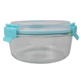 12 Bulk Home Basics Leak Proof 32 oz. Round Borosilicate Glass Food Storage Container with Air-tight Plastic Lid, Turquoise