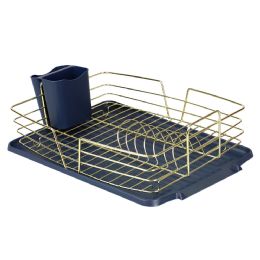 6 Wholesale Michael Graves Design Deluxe Dish Rack with Gold Finish Wire and Removable Dual Compartment Utensil Holder, Navy Blue/Gold