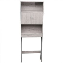 3 Tier Wood Space Saver Over The Toilet Bathroom Shelf With Open Shelving And Cabinets, Grey