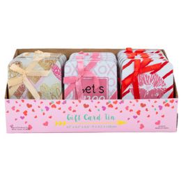 48 pieces Gift Card Tin W/bow 3ast Valentine Prints/24pc Pdq - Invitations & Cards