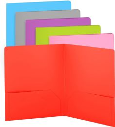 24 Bulk Plastic Solid Color 2-Pockets Poly Portfolio, Red