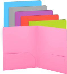 24 Bulk Plastic Solid Color 2-Pockets Poly Portfolio, Pink