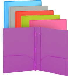 96 Bulk Plastic Solid Color 2-Pockets Poly Portfolio W/ 3 Prongs, Purple