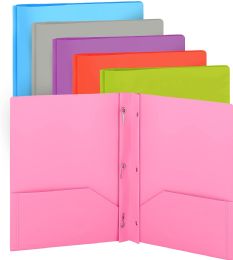 96 Wholesale Plastic Solid Color 2-Pockets Poly Portfolio W/ 3 Prongs, Pink