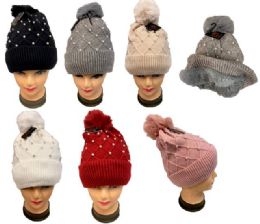 48 Pieces Women's Pearl Winter Hat With Plush Lining - Winter Beanie Hats