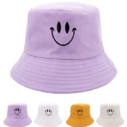 24 Wholesale Smiley Face Embroidered Double Sided Wearable Bucket Hat