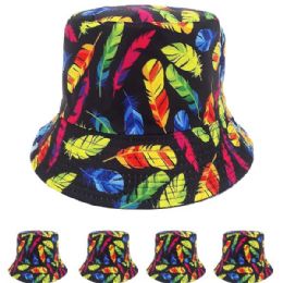 24 Wholesale Multi Color Feathers Print Double Sided Wearable Bucket Hat