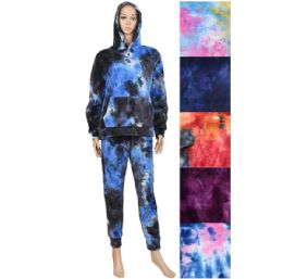 12 Sets Women Long Sleeve Hooded With Pockets Tie Dye Leopard Plaid Lounge Sets - Womens Active Wear