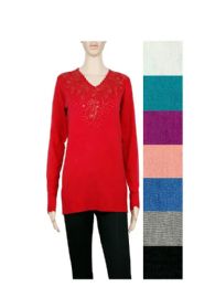 24 Pieces Womens Wool Blend Long Sleeve Lightweight V Neck Sweater - Womens Fashion Tops