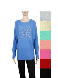24 Pieces Womens Wool Blend Long Sleeve Lightweight Butterfly V Neck Sweater - Womens Fashion Tops