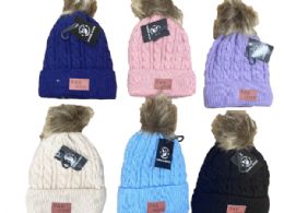 24 Pieces Classic Knit Warm Chunky Fleece Lined Cable Cap - Winter Beanie Hats