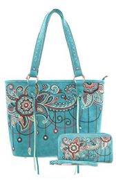 2 Pieces Montana West Embroidered Floral Handbag With Matching Wallet In Turquoise - Handbags