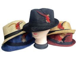 36 Bulk Linen Short Brim With Feather Fedora Hat Assorted