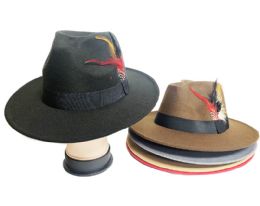 36 Pieces Classic Wool Wide Brim Flippy Panama Hat With Feather - Fedoras, Driver Caps & Visor