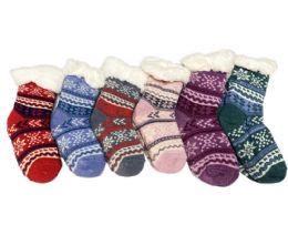 24 Pairs Kid's Snow Flake Knitted Sherpa Sock - Junior Kids Winter Wear