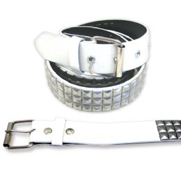 48 Pieces Pyramid Studded White And Silver Belt - Unisex Fashion Belts