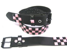 48 Pieces Pyramid Studded Pink And Black Belt - Unisex Fashion Belts