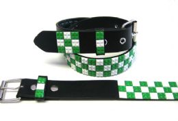 48 Pieces Pyramid Studded White And Green Belts - Unisex Fashion Belts