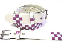 48 Pieces Pyramid Studded White And Purple Belts - Unisex Fashion Belts