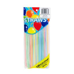 36 Wholesale Straws 100ct Striped 5mm Dia Flexible 4clrs/prtd Pb Blue/green/red/yellow Bpafree