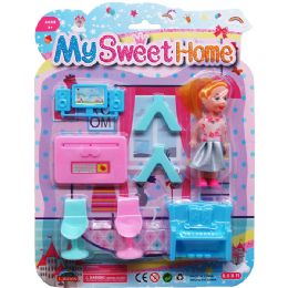 48 Wholesale 7pc Home Play Set W/ 4" Doll On Blister Card, Assrt