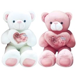 10 Pieces 27.5" Bear With Sequin Heart White Pink - Valentines