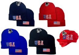 48 Bulk Usa Flag Plush Lining Winter Beanie Hat