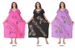 24 Pieces Rayon Long V NecK-Brush Paint Embroidered Dress - Womens Sundresses & Fashion