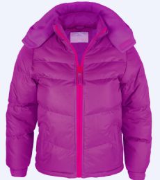 12 Wholesale Toddler Girl's Puff Synthetic Insulated Fleece Lined Jacket With Detachable Hood Purple