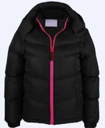 12 Bulk Toddler Girl's Puff Synthetic Insulated Fleece Lined Jacket With Detachable Hood Black