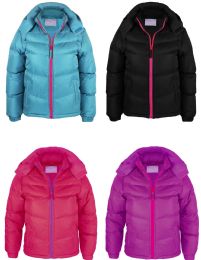 48 Wholesale Toddler Girl's Puff Synthetic Insulated Fleece Lined Jacket With Detachable Hood