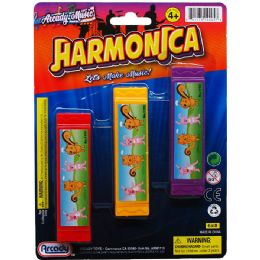 96 Bulk 5.25" 3pc Harmonica Play Set On Blister Card, 3 Assrt Clrs